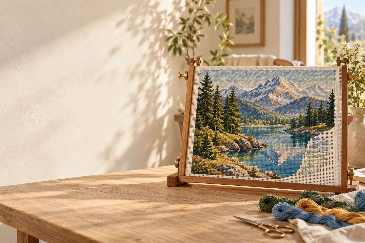 Gobelin, ki prikazuje alpsko pokrajino, v kvadratni okvir, z nitmi, v sončni delavnici. Ilustracija vzdušja.