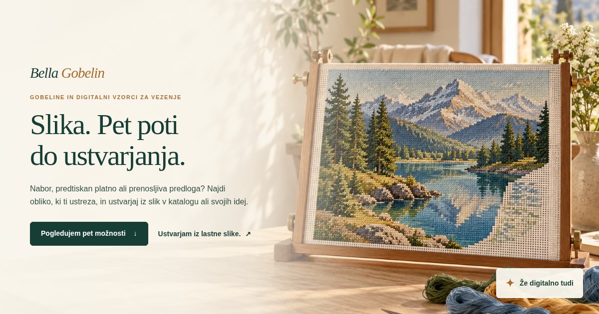 Gobelin, ki prikazuje alpsko pokrajino, v kvadratni okvir, z nitmi, v sončni delavnici. Ilustracija vzdušja.