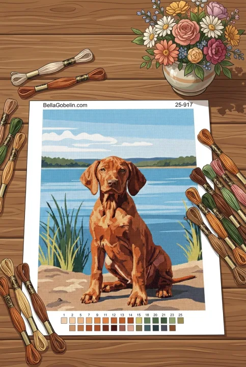 Portret psa - Peckes mladi pes Vizsla ob jezeru