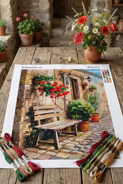 Mediteranski ulični motiv s cvetjem