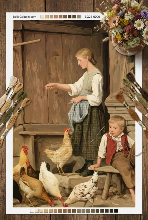 Albert Anker - Otroška hranjenja piščancev, gobelin za vezenje