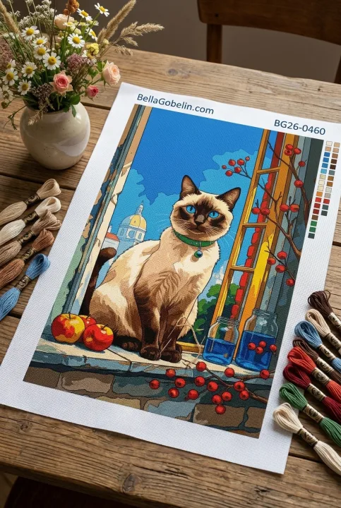Sijamska mačka v oknu