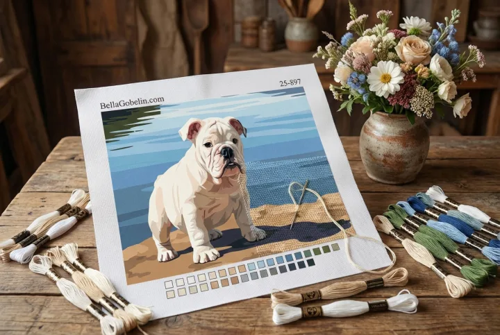 Portret psa - angleški buldog ob jezeru – 25-897