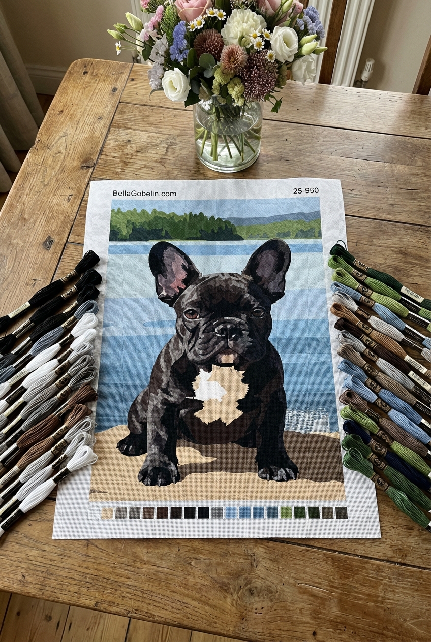 Portret psa - francoski buldog ob jezeru