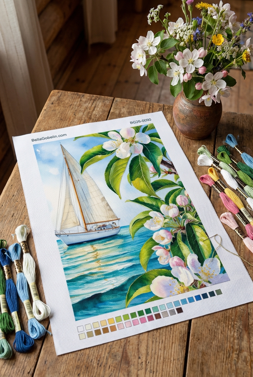 Sailing scene with flowers and a seaside landscape