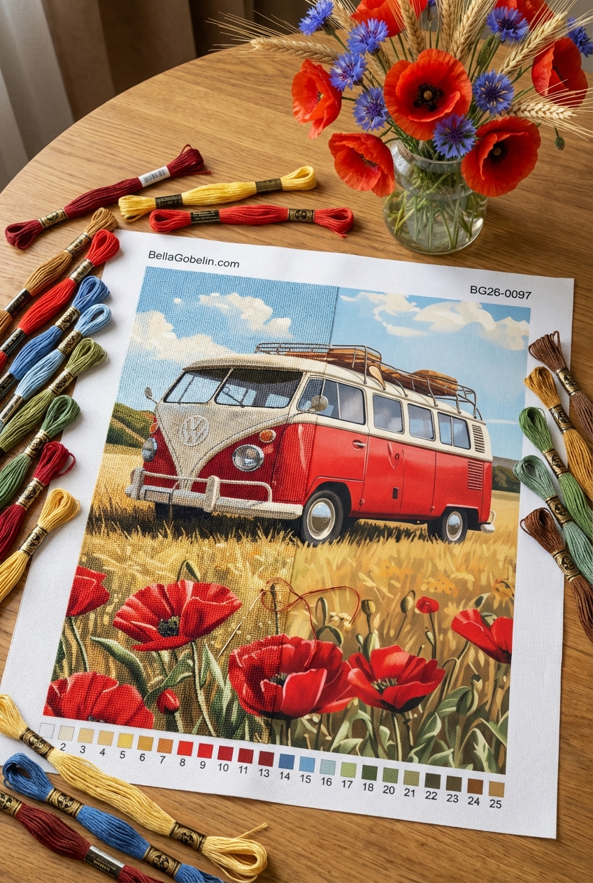 VW kombi na polju makov