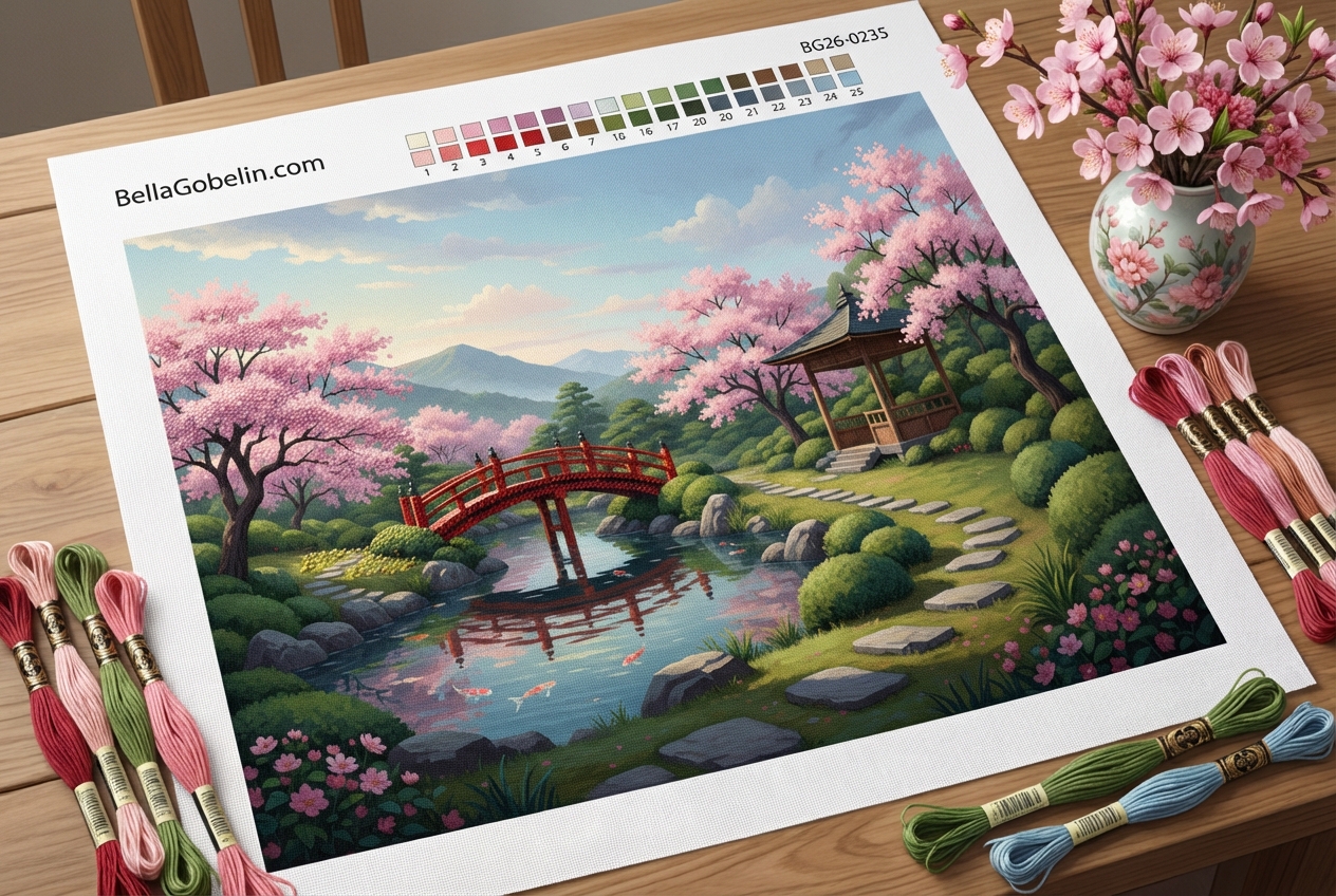 Japonski vrt s cvetočimi češnjami