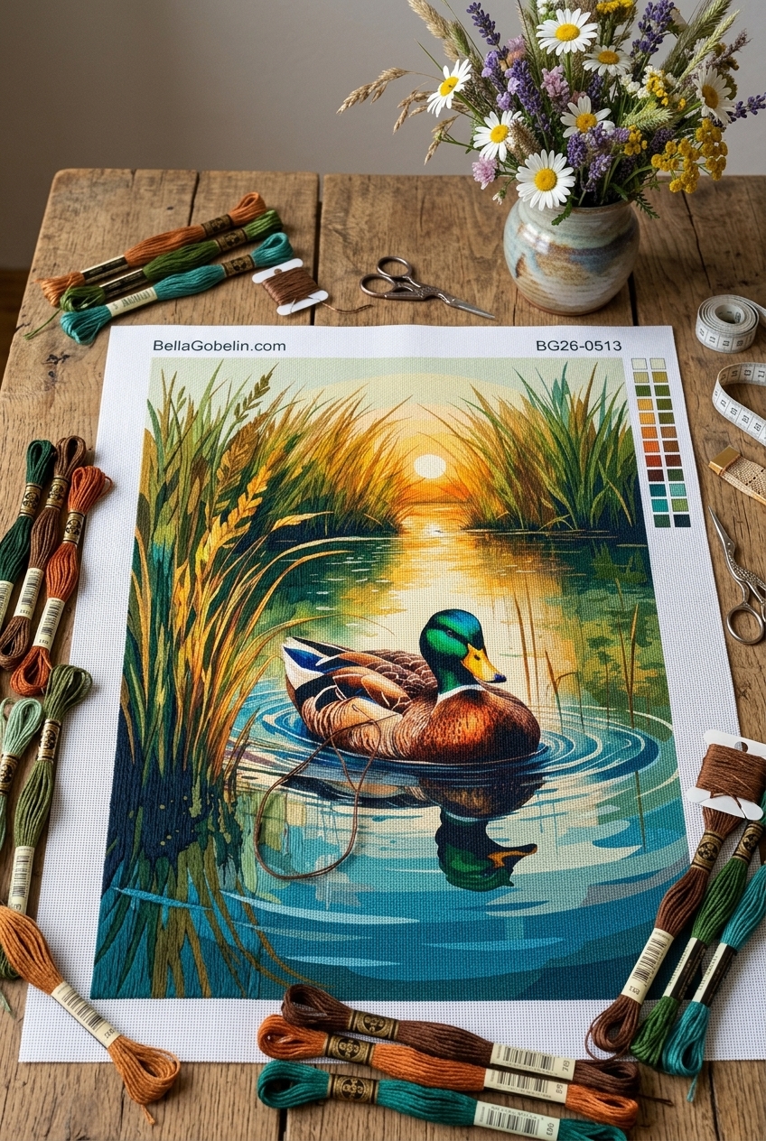 Kacsa a tavon naplementekor (gobelin)