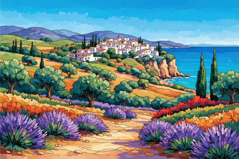 Mediterrán táj levendulamezővel