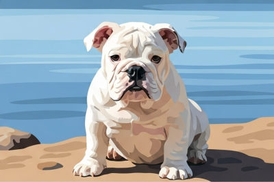 Portret psa - angleški buldog ob jezeru – 25-892