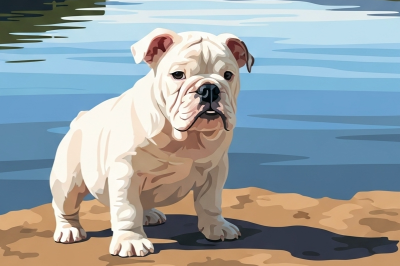 Portret psa - angleški buldog ob jezeru – 25-897