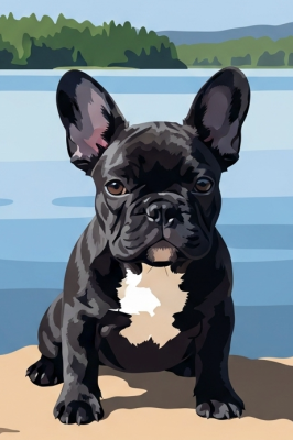Portret psa - francoski buldog ob jezeru