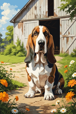 Basset hound pred hlevom