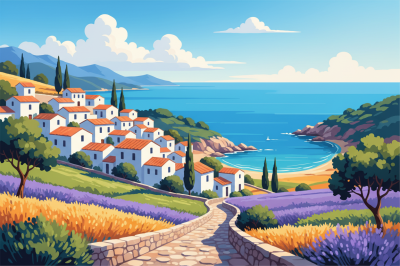 Mediteranski pokrajina z poljem sivke