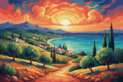 Mediteranska pokrajina ob sončnem zahodu
