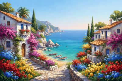 Mediteranske cvetlične hiše ob obali.