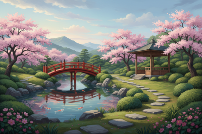 Japonski vrt s cvetočimi češnjami