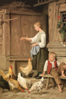 Albert Anker - Otroška hranjenja piščancev, gobelin za vezenje