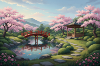 Japonski vrt s cvetočimi češnjami