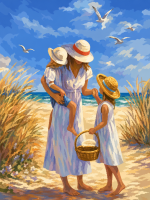 Mama in njeni otroci na obali morja